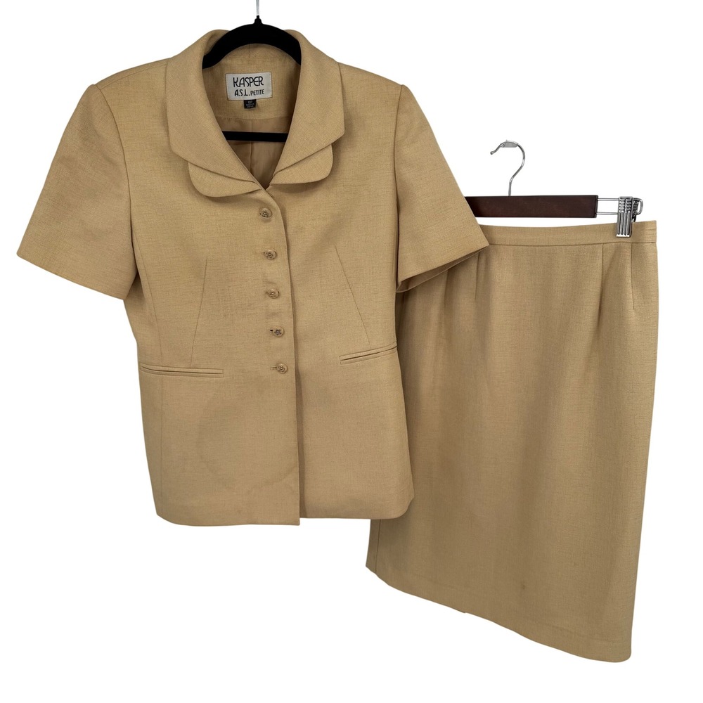 Kasper ASL Petite Womens 6P Blazer Skirt Suit Set Tan Short Sleeve Workwear